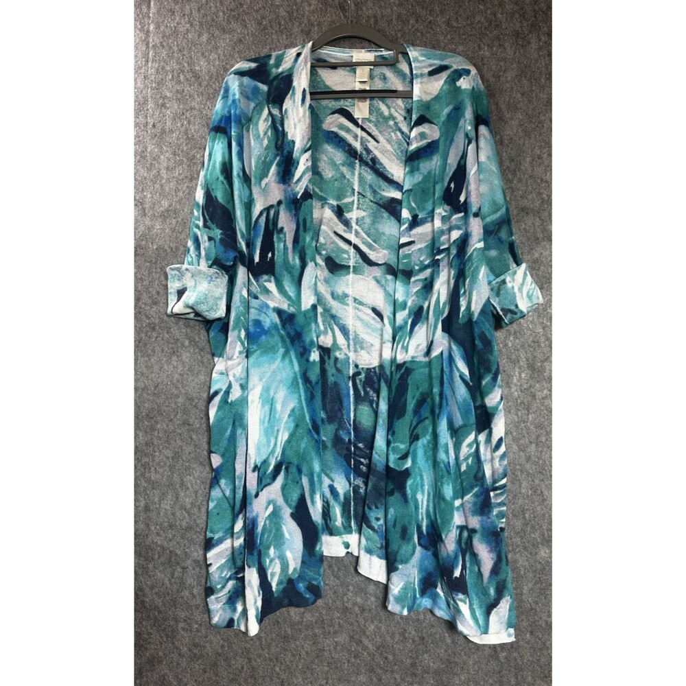 Chicos Sweater Womens 1 Medium Teal Geometric Open Front Duster Boho Coastal